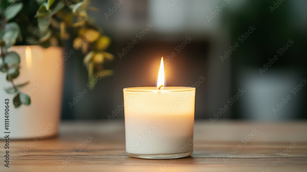 A lit candle sits on a wooden table, surrounded by greenery, creating a warm and inviting atmosphere for relaxation. A lit candle sits on a wooden table, surrounded by greenery, creating a warm and inviting atmosphere for relaxation.