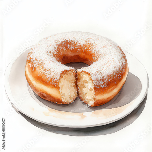 Delicious powdered sugar donut on plate, inviting and sweet