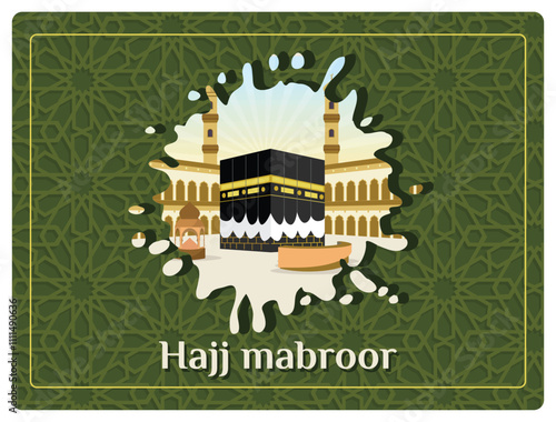 Hajj Mabrur greeting card with the Kaaba and the Grand Mosque in Mecca.