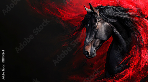 A powerful black horse emerges from a swirling red background, evoking strength and grace in a dramatic and artistic composition.