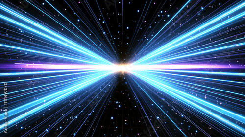 A vibrant image showcasing beams of light converging towards a central point against a starry backdrop  evoking a sense of cosmic energy and motion.