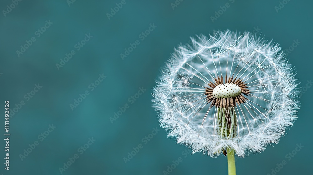 Fototapeta premium Delicate dandelion seed head against a soft blue background, showcasing intricate details and nature's beauty.