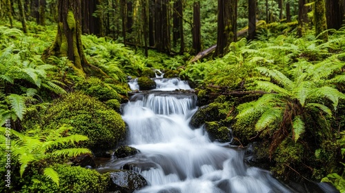 A serene forest scene featuring a gentle stream flowing through lush green ferns and tall trees, creating a tranquil atmosphere.