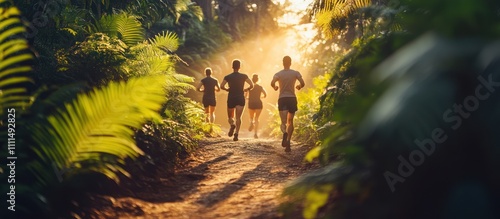 Four runners in silhouette run through a lush forest path bathed in golden sunlight.