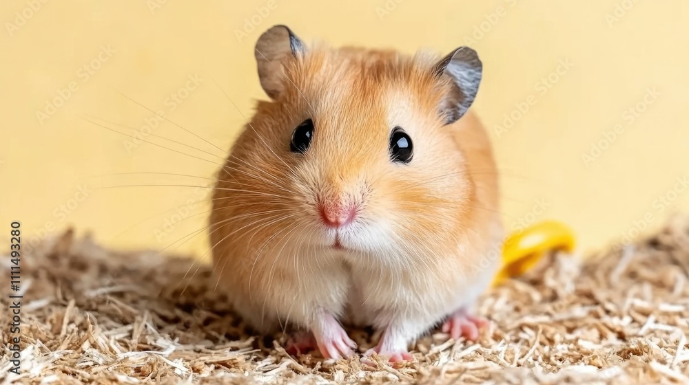 Closeup view of a furry golden hamster sitting in a clean and comfortable habitat with a wooden exercise wheel and fresh bedding material Closeup view of a furry golden hamster sitting in a clean and comfortable habitat with a wooden exercise wheel and fresh bedding material