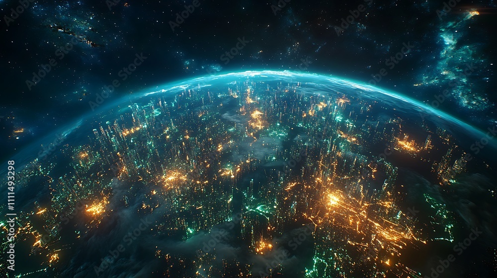 Obraz premium A holographic display of the Earth with animated data points glowing and connecting major cities worldwide, vibrant neon blue and green highlights, deep dark space-themed backdrop,