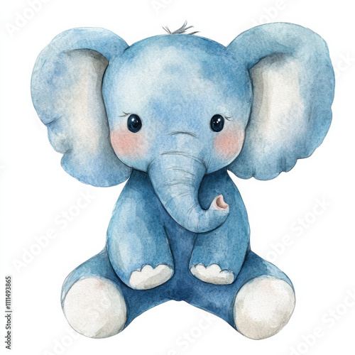 Watercolor illustration of cute blue elephant doll, perfect for kids