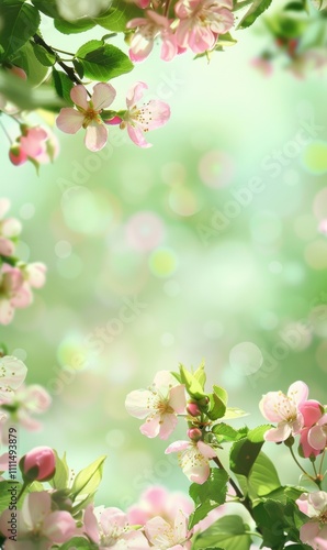 Spring sale , banner for website, copy space for text, a soft and dreamy scene of pink and white blossoms with green leaves framing the edges. The background is a blurred mix of light greens and white