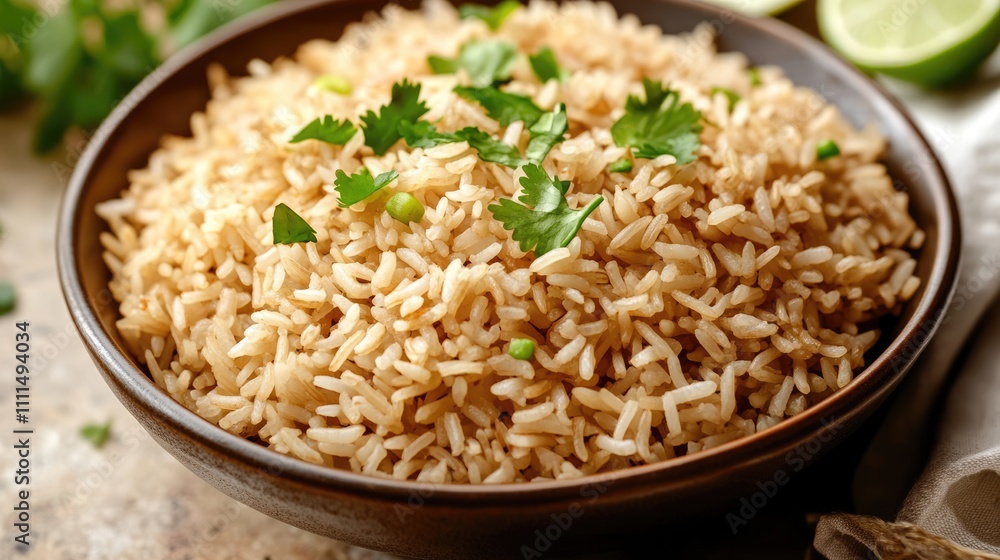 Fresh Cooked Rice with Herbs and Lime in a Rustic Bowl Fresh Cooked Rice with Herbs and Lime in a Rustic Bowl