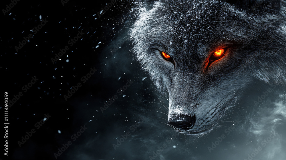 A fierce wolf with glowing orange eyes emerges from dark mist, capturing a mystical and powerful essence in a dramatic setting. A fierce wolf with glowing orange eyes emerges from dark mist, capturing a mystical and powerful essence in a dramatic setting.