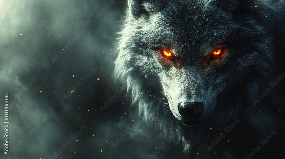 A fierce wolf with glowing orange eyes emerges from a misty background, embodying strength and mystery. A fierce wolf with glowing orange eyes emerges from a misty background, embodying strength and mystery.