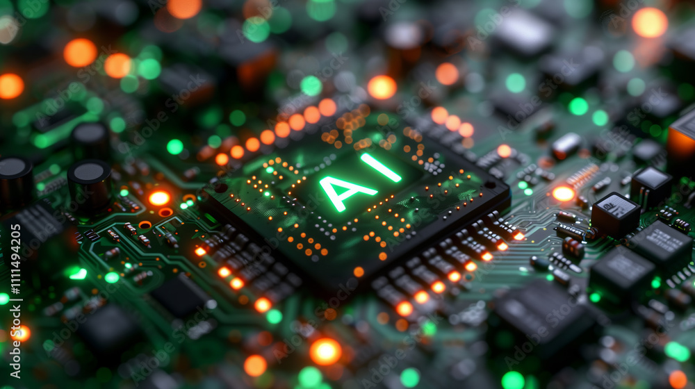 Close up of AI chip on circuit board, illuminated lights; technology, innovation, futuristic atmosphere. Close up of AI chip on circuit board, illuminated lights; technology, innovation, futuristic atmosphere.