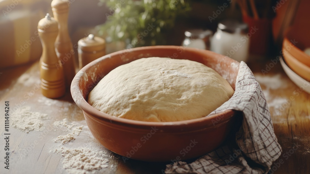 Fototapeta premium Freshly Rising Bread Dough in a Rustic Kitchen Setting