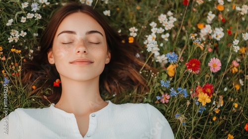 A serene woman relaxes on a bed of colorful wildflowers, embodying tranquility and connection with nature. photo