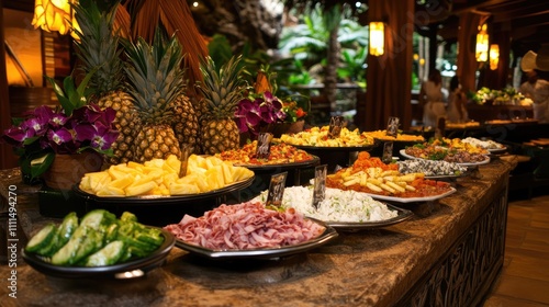 Colorful Buffet Display with Fresh Fruits and Vegetables Arrangement