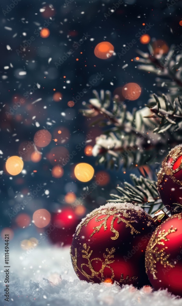 New Year's Day, banner for website, copy space for text, a festive Christmas scene. It features a close-up of red Christmas ornaments with gold decorative patterns on them, nestled among snow-covered New Year's Day, banner for website, copy space for text, a festive Christmas scene. It features a close-up of red Christmas ornaments with gold decorative patterns on them, nestled among snow-covered