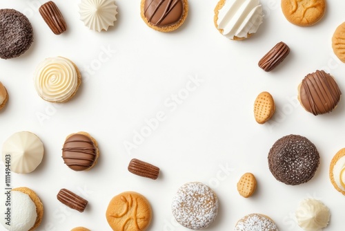 Sweet treats including cookies, pastries, and confections are displayed on a clean white background, perfect for adding personalized text. Generative AI