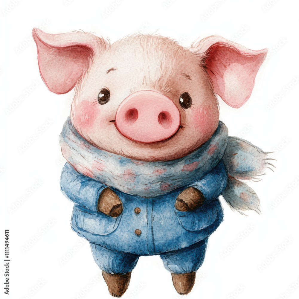 Cute watercolor illustration of kid pig doll in blue outfit and scarf