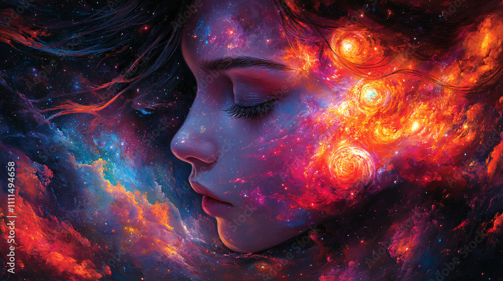 A cosmic portrait of a woman, her profile intertwined with vibrant galaxies and stars, evoking a sense of wonder and connection to the universe. A cosmic portrait of a woman, her profile intertwined with vibrant galaxies and stars, evoking a sense of wonder and connection to the universe.