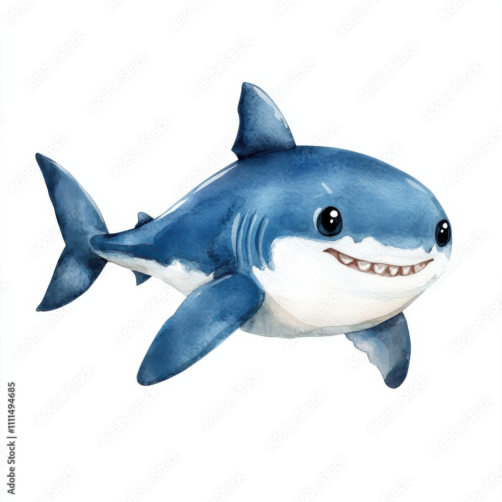Cute watercolor illustration of smiling shark character, perfect for kids