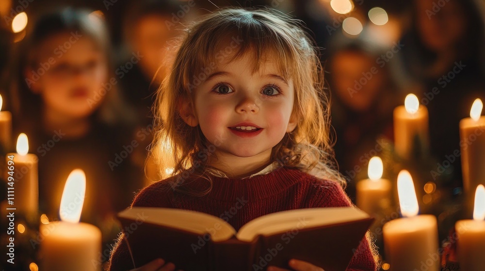 Happy Little Girl Holding Christmas Carol Book Surrounded by Candlelit Crowd Singing in December Night Happy Little Girl Holding Christmas Carol Book Surrounded by Candlelit Crowd Singing in December Night