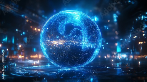 A hyperconnected globe visualization, a blue digital sphere with intersecting lines forming an intricate web, bright neon lines glowing intensely, deep shadows, high-resolution quality,