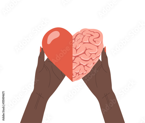 Heart and Brain connection. Rational reasonable and emotional choice. African Female Hand holding heart with brain. Vector illustration in flat cartoon style.