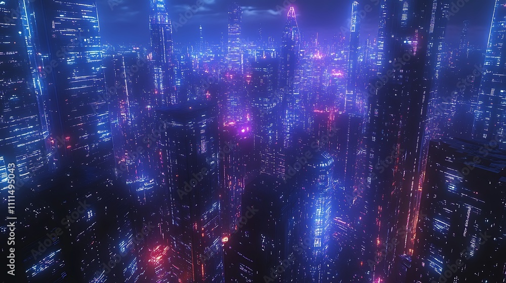 Obraz premium A nighttime skyline of a futuristic smart city, glowing pathways of digital connections, skyscrapers with vibrant holographic lights, deep blue and purple hues, sharp focus, photorealistic quality,