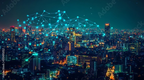 Wallpaper Mural A smart city skyline glowing with digital connections, skyscrapers linked by bright neon pathways, dark sky with intense blue and green highlights, high-tech design, sharp details, Torontodigital.ca