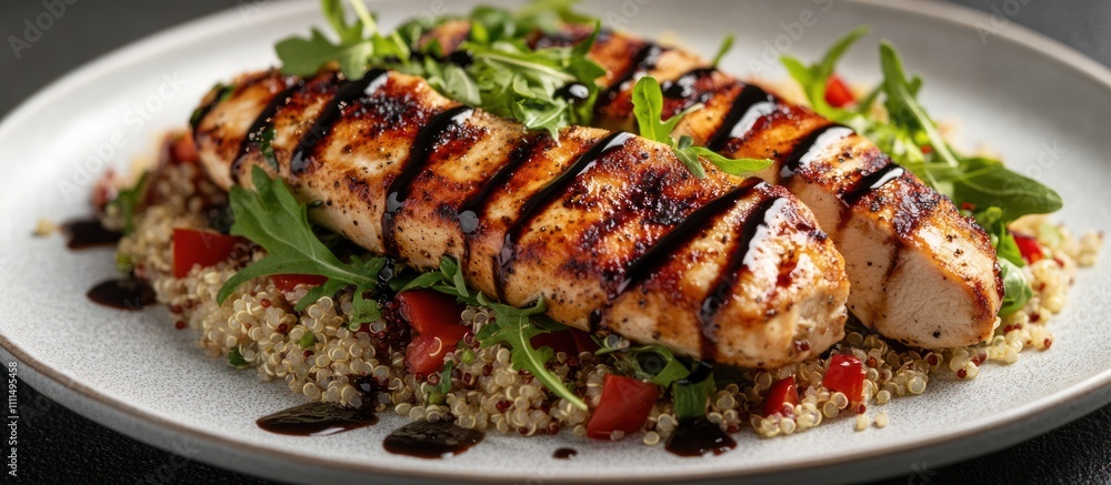 Grilled chicken breast with quinoa, arugula, and balsamic glaze. Grilled chicken breast with quinoa, arugula, and balsamic glaze.