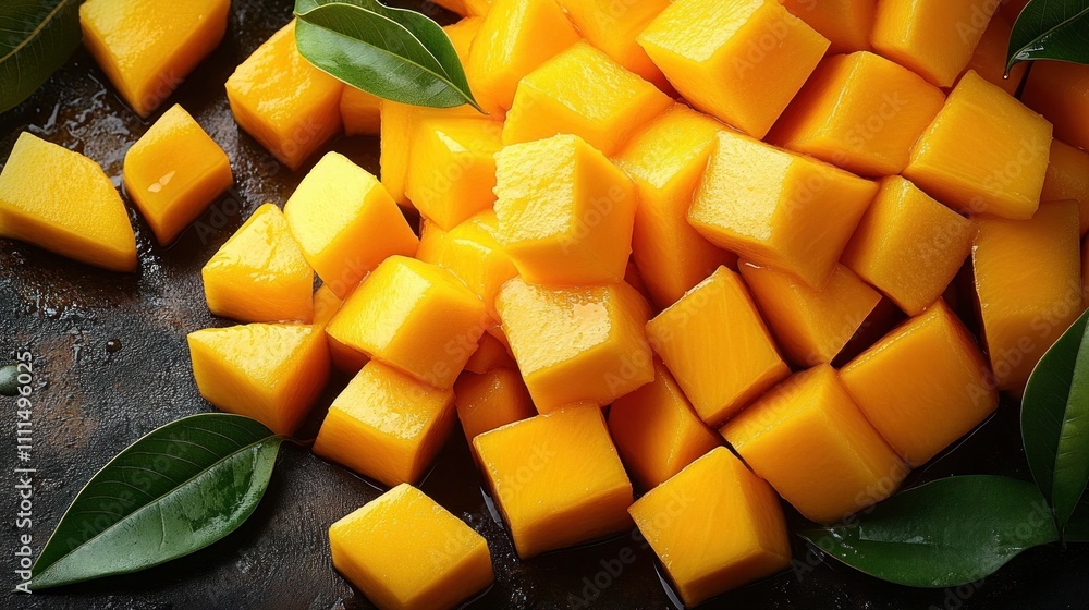Close Up Fresh Diced Mango with Juicy Textures and Natural Lighting Close Up Fresh Diced Mango with Juicy Textures and Natural Lighting