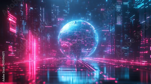 An abstract depiction of a seamless global network  a digital Earth wrapped in a grid of glowing lines  neon blue and pink highlights  deep shadows  photorealistic quality 