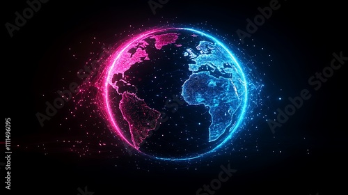 An abstract depiction of a seamless global network, a digital Earth wrapped in a grid of glowing lines, neon blue and pink highlights, deep shadows, photorealistic quality, photo