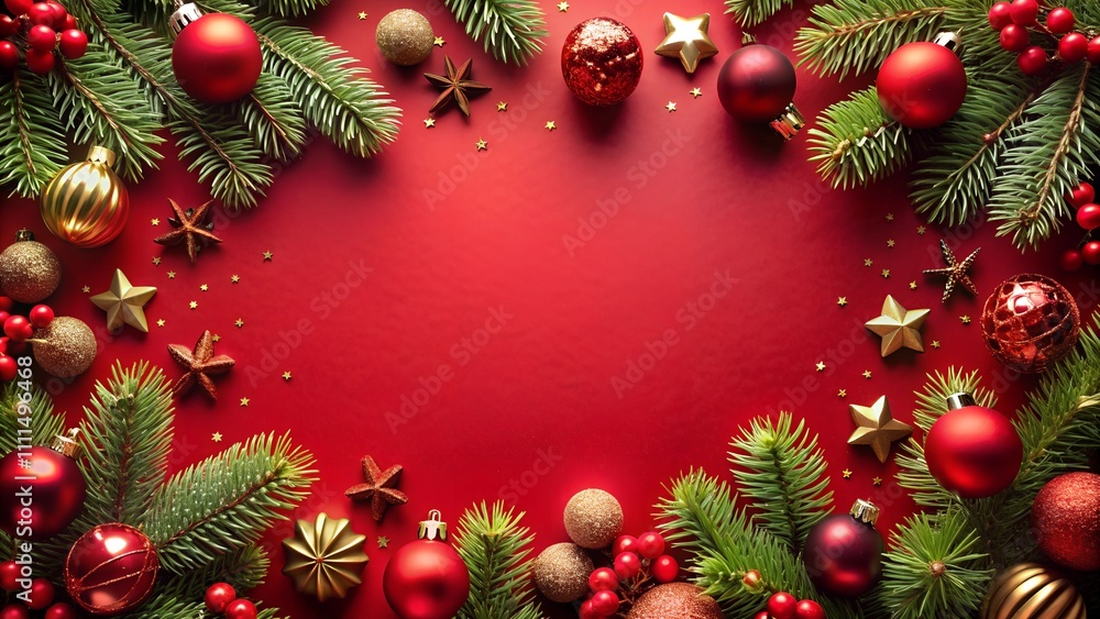 red Christmas background with Christmas decorations on the edge red Christmas background with Christmas decorations on the edge