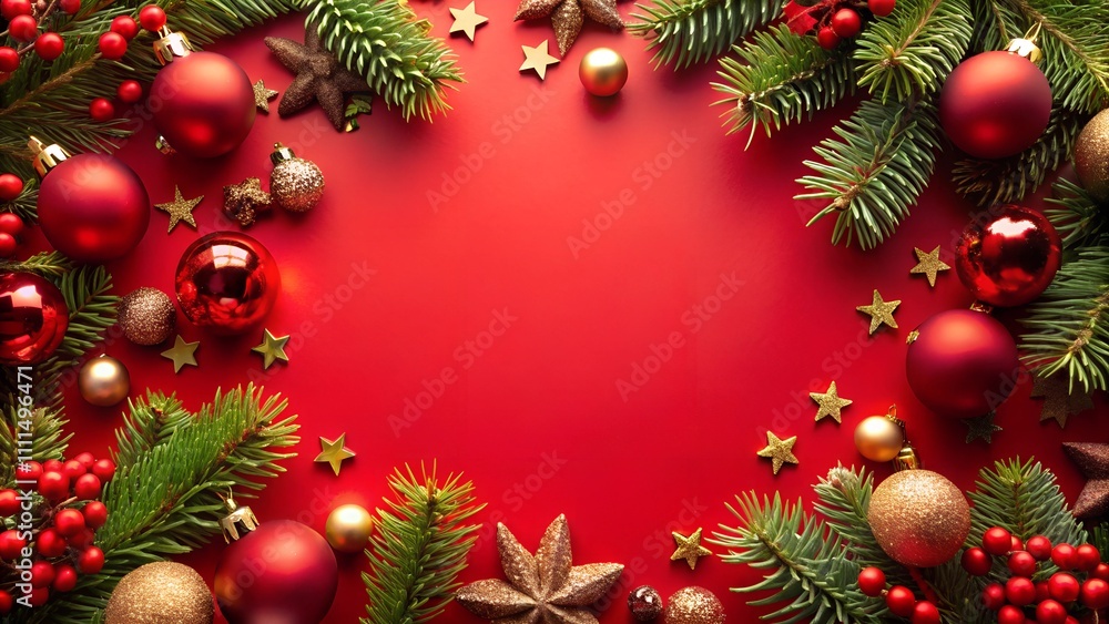 red Christmas background with Christmas decorations on the edge red Christmas background with Christmas decorations on the edge