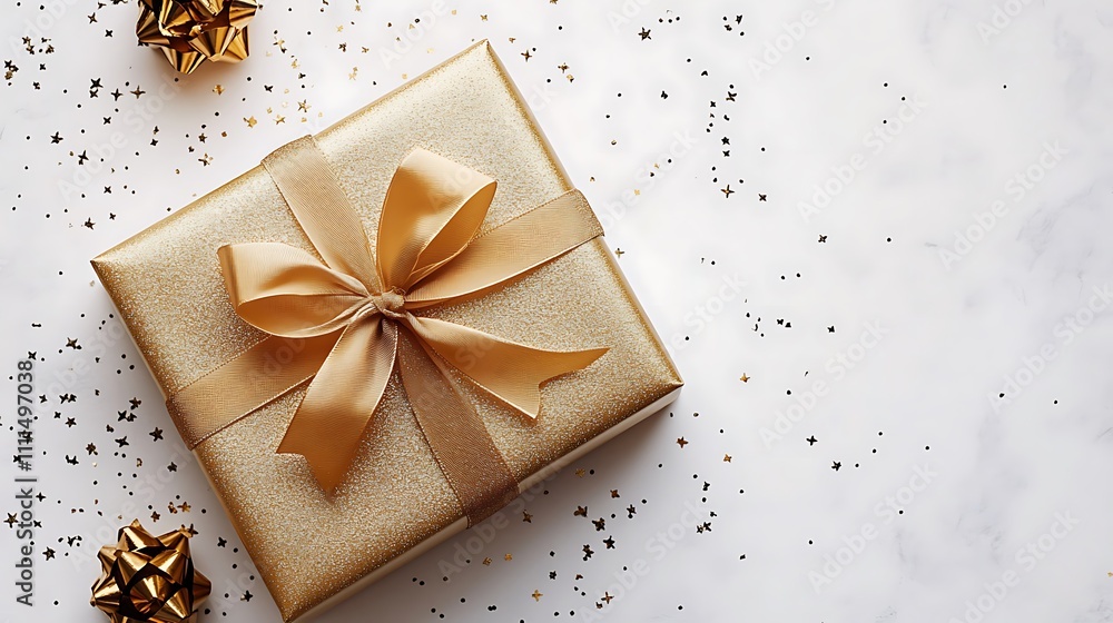 A golden gift box with a ribbon, isolated on a white background, viewed from above A golden gift box with a ribbon, isolated on a white background, viewed from above