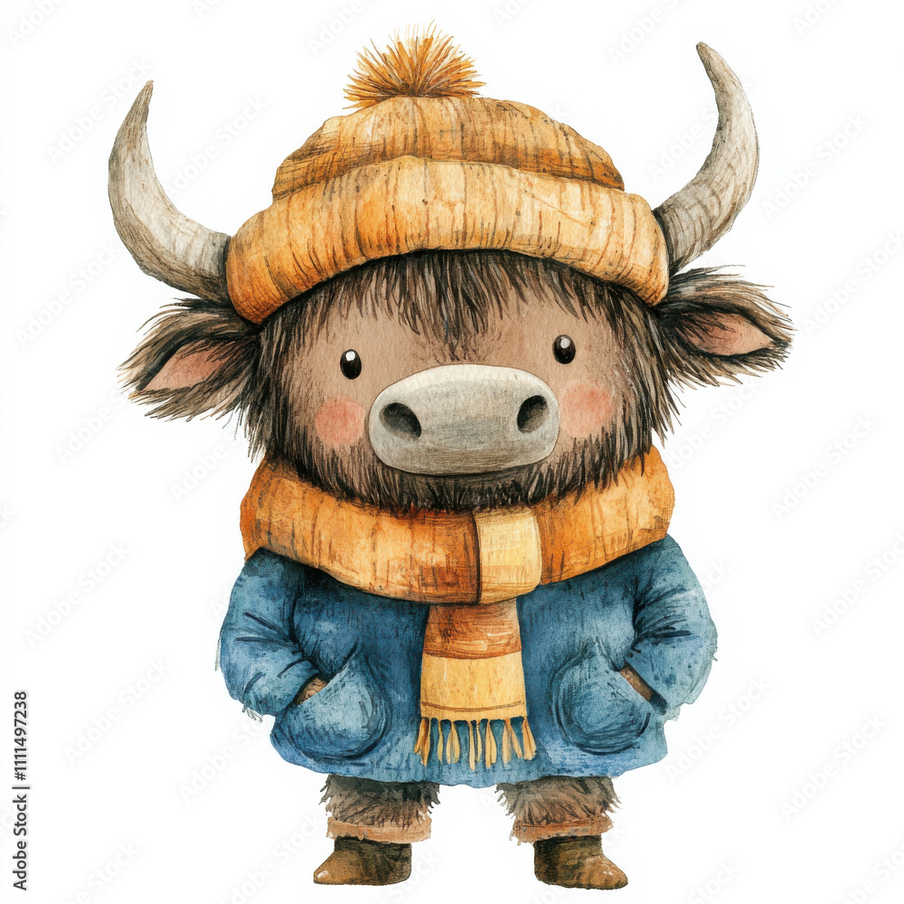 Cute buffalo character wearing cozy hat and scarf, perfect for kids