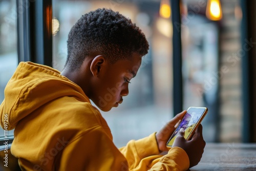 Photo of A boy is sitting and playing with his phone , A social media ban for children , Generative AI
