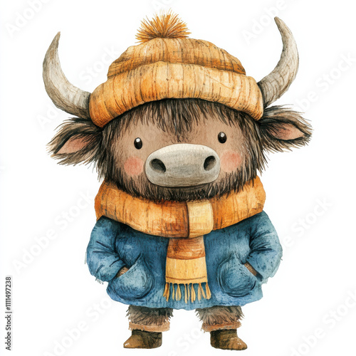 Obraz na płótnie Cute buffalo character wearing cozy hat and scarf, perfect for kids w salonie
