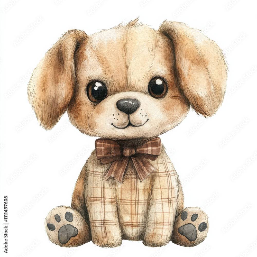 cute watercolor illustration of dog doll with bow tie