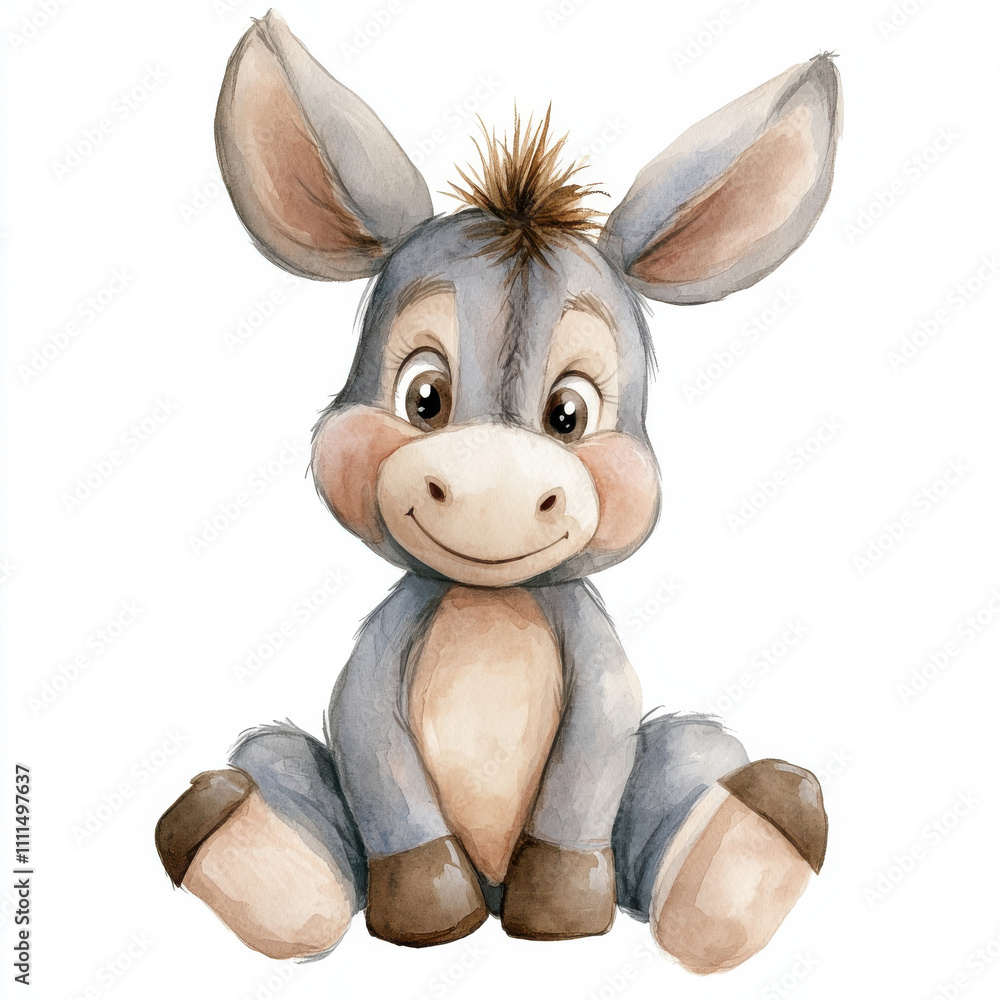 Cute watercolor illustration of smiling donkey doll, perfect for kids
