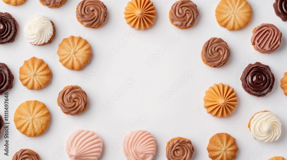 An inviting display of assorted sweets and cookies is laid out on a white background, perfect for any dessert lover's delight. Generative AI An inviting display of assorted sweets and cookies is laid out on a white background, perfect for any dessert lover's delight. Generative AI