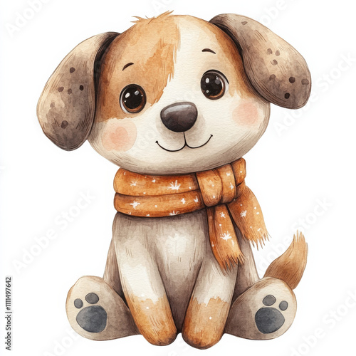 Cute watercolor illustration of dog wearing orange scarf