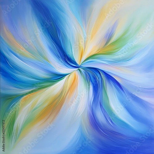 Abstract swirling blue, green, and yellow paint design.