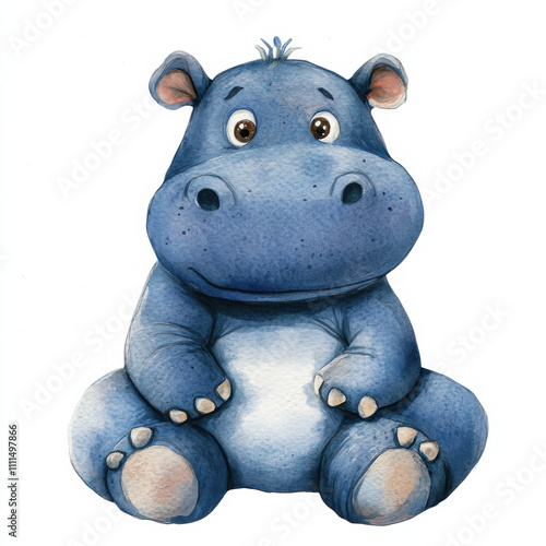 cute watercolor illustration of blue hippo doll, perfect for kids