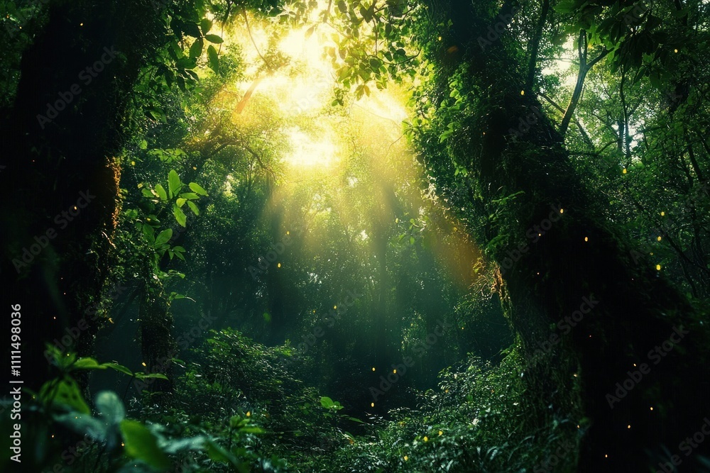 Green Forest Scene with Towering Trees and Sunlight Filtering Through Foliage in Lush Environment Green Forest Scene with Towering Trees and Sunlight Filtering Through Foliage in Lush Environment