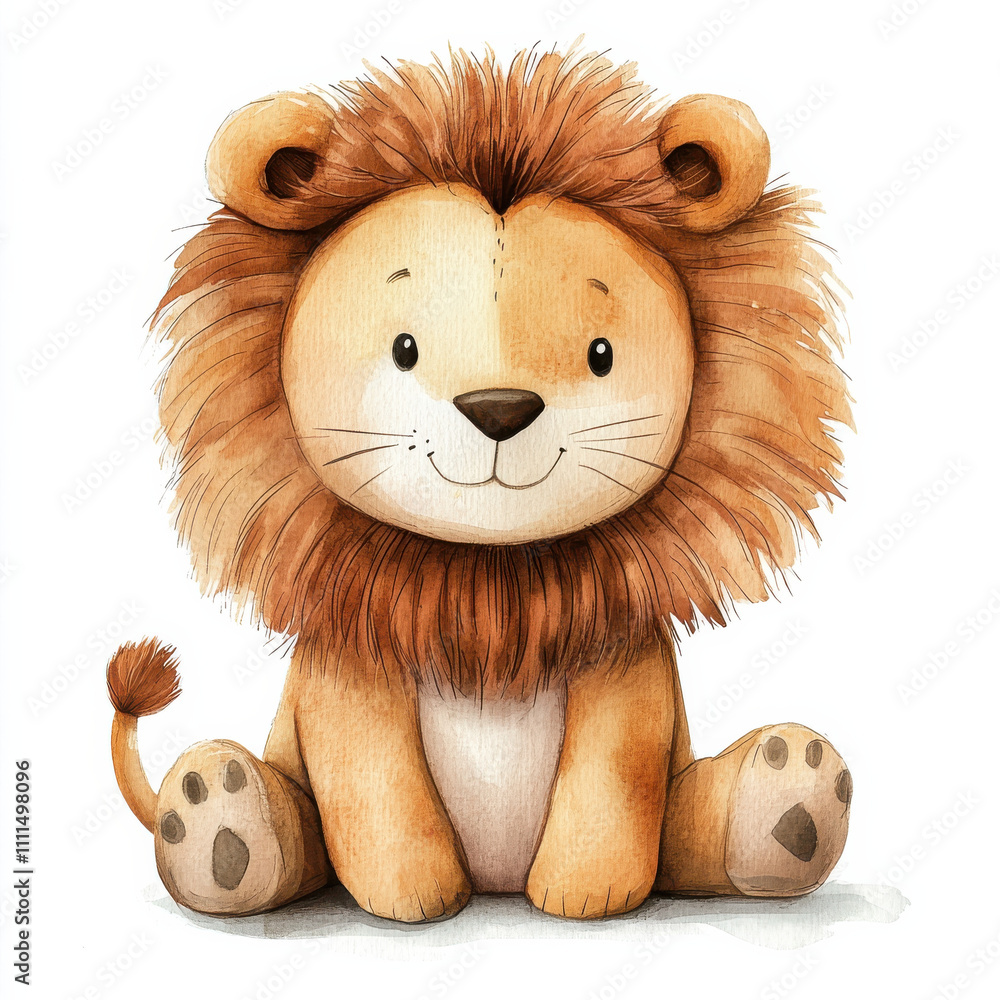 Cute watercolor illustration of kid lion doll with friendly expression