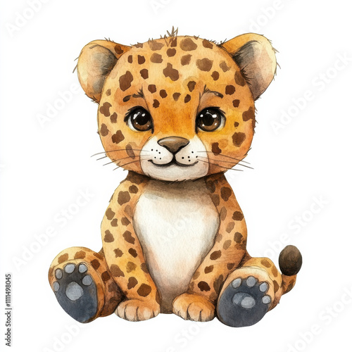 Cute leopard doll illustration with big eyes and playful expression