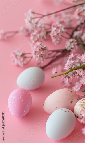 Easter , banner for website, copy space for text, a soft, pastel-themed arrangement. There are four eggs, each painted in gentle pastel colors. One egg is light blue, another is pink with white polka 