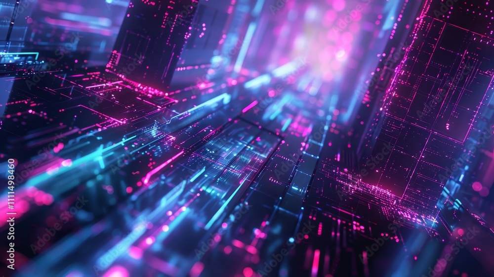 Enter the future with this captivating server room glowing with blue and purple lines, symbolizing seamless data transfer Enter the future with this captivating server room glowing with blue and purple lines, symbolizing seamless data transfer
